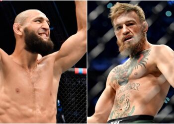 Conor McGregor Khamzat Chimaev (© Stephen R. Sylvanie-USA TODAY Sports)