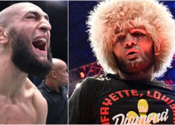 Khamzat Chimaev Khabib Nurmagomedov (© Per Haljestam-USA TODAY Sports)