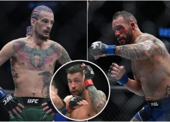Sean O’Malley, Pedro Munhoz, Santiago Ponzinibbio. Foto_ © Stephen R. Sylvanie-USA TODAY Sports