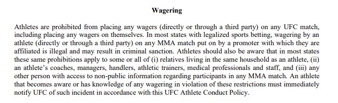 UFC Code of Conduct Wagering