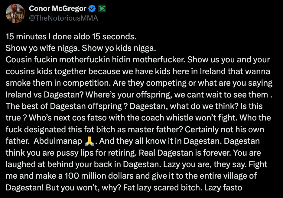 Conor McGregor rasistiska tweet Khabib Nurmagomedov 31 jan. 2025