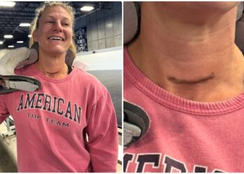 Kayla Harrison med halskrage visar operationsarr