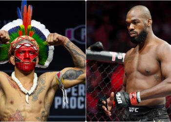 Alex Pereira och Jon Jones vid presskonferens