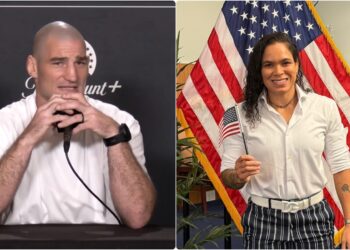 Amanda Nunes och Sean Strickland under UFC event