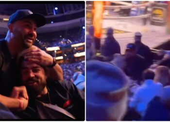 Eddie Alvarez och Mike Perry i diskussion vid MMA-event