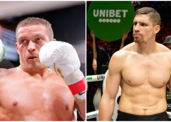 Oleksandr Usyk och Rico Verhoeven poserar