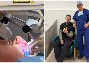 Tom Aspinall med skyddsglasögon efter ögonoperation