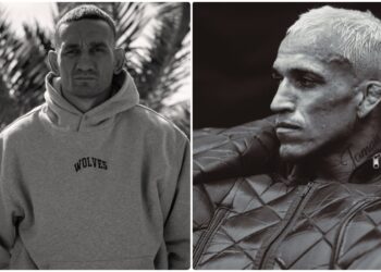 Max Holloway och Charles Oliveira under presskonferens