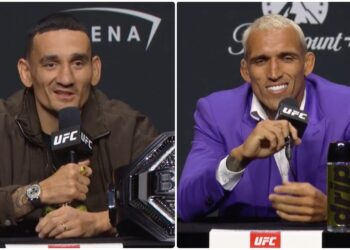 max holloway och charles oliveira under presskonferens ufc 326