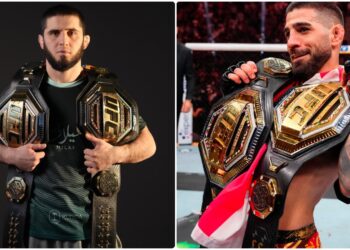 ilia topuria och islam makhachev ansikte mot ansikte